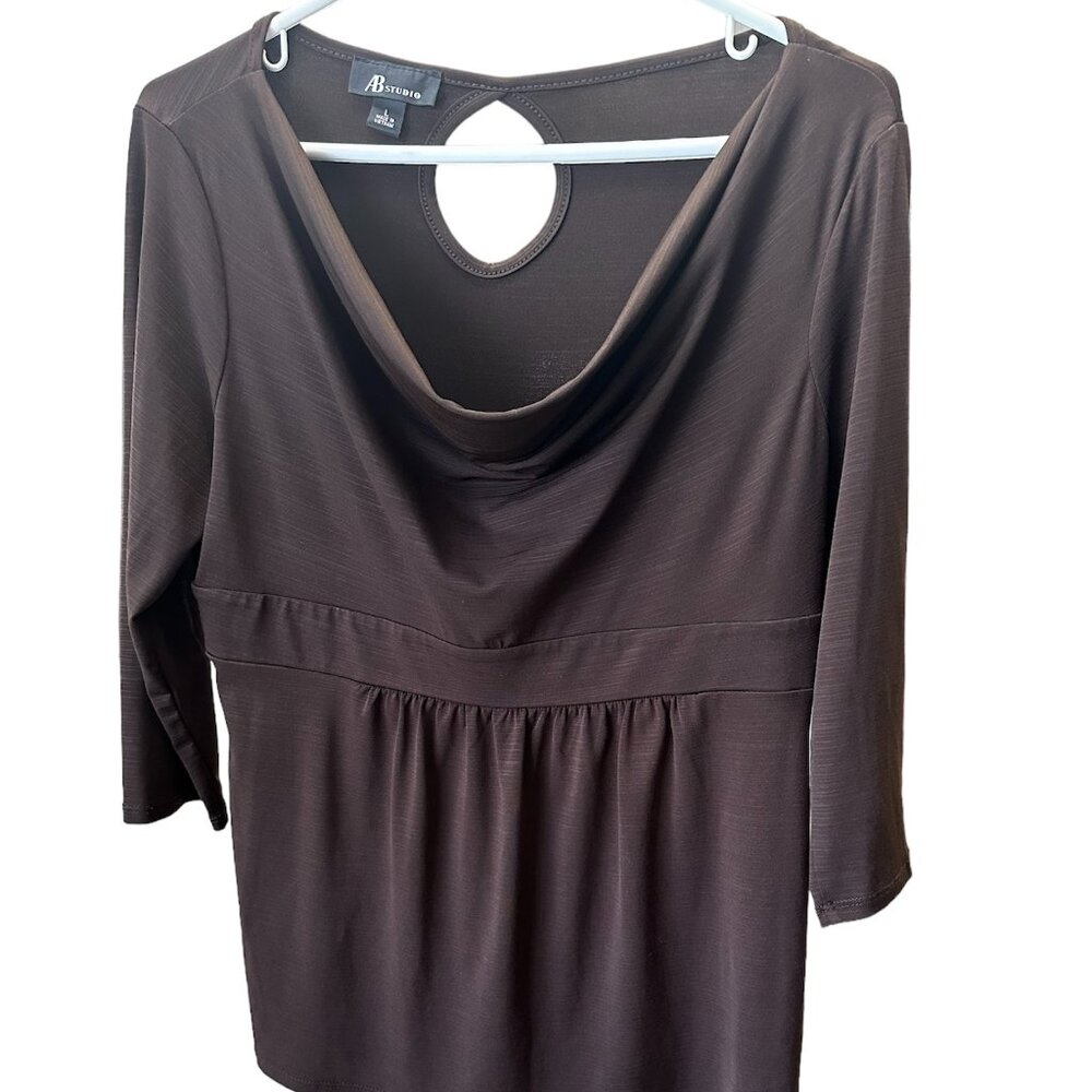 AB Studio Women Blouse Brown Size Large 3/4 Sleeves Cowl Neck Pre-owned